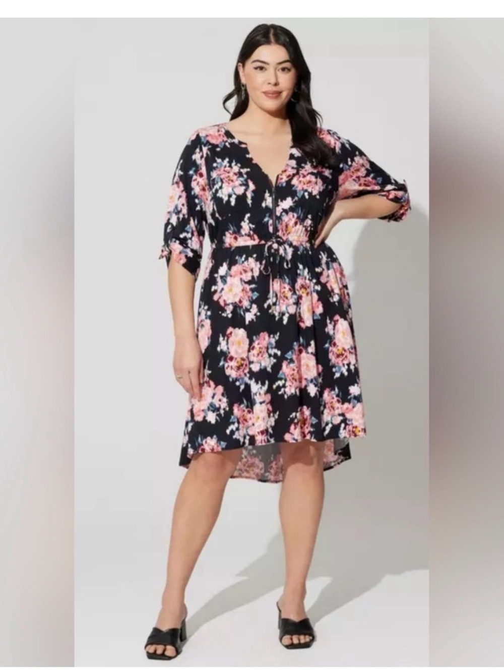 torrid Navy Floral High-Low V-Neck 1/4 zipper Dress with Pink Blooms 2x